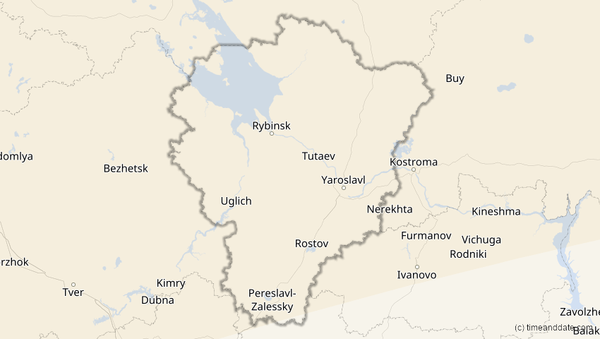 A map of Jaroslawl, Russland, showing the path of the 21. Apr 2069 Partielle Sonnenfinsternis