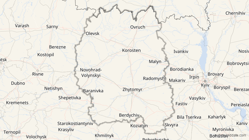 A map of Schytomyr, Ukraine, showing the path of the 21. Apr 2069 Partielle Sonnenfinsternis