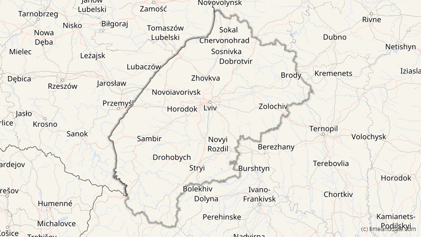 A map of Lwiw, Ukraine, showing the path of the 21. Apr 2069 Partielle Sonnenfinsternis