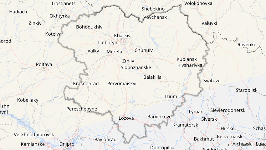 A map of Charkiw, Ukraine, showing the path of the 21. Apr 2069 Partielle Sonnenfinsternis