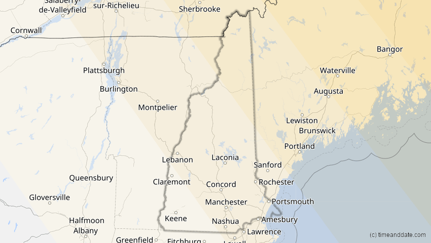 A map of New Hampshire, USA, showing the path of the 21. Apr 2069 Partielle Sonnenfinsternis