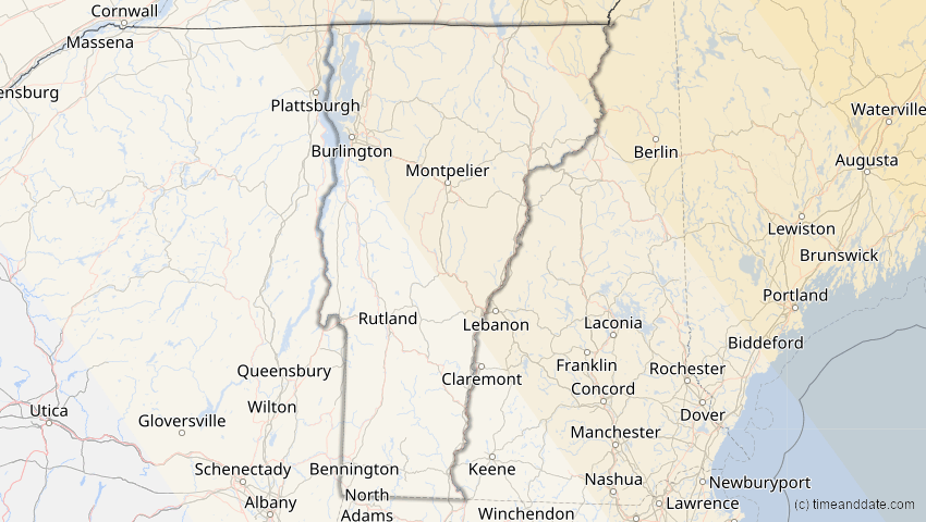A map of Vermont, USA, showing the path of the 21. Apr 2069 Partielle Sonnenfinsternis
