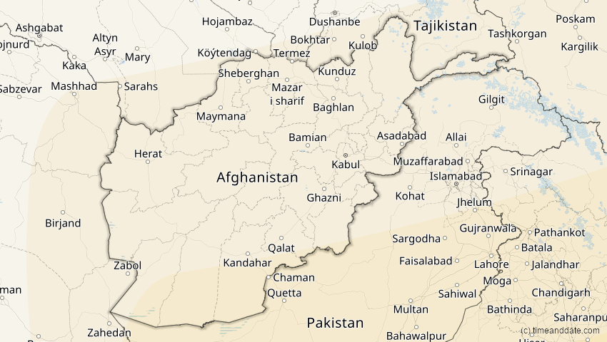 A map of Afghanistan, showing the path of the 11. Apr 2070 Totale Sonnenfinsternis