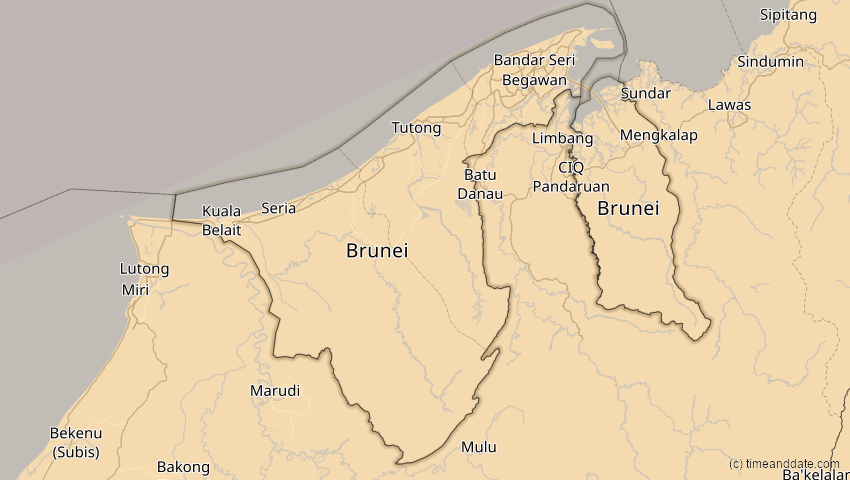 A map of Brunei, showing the path of the 11. Apr 2070 Totale Sonnenfinsternis