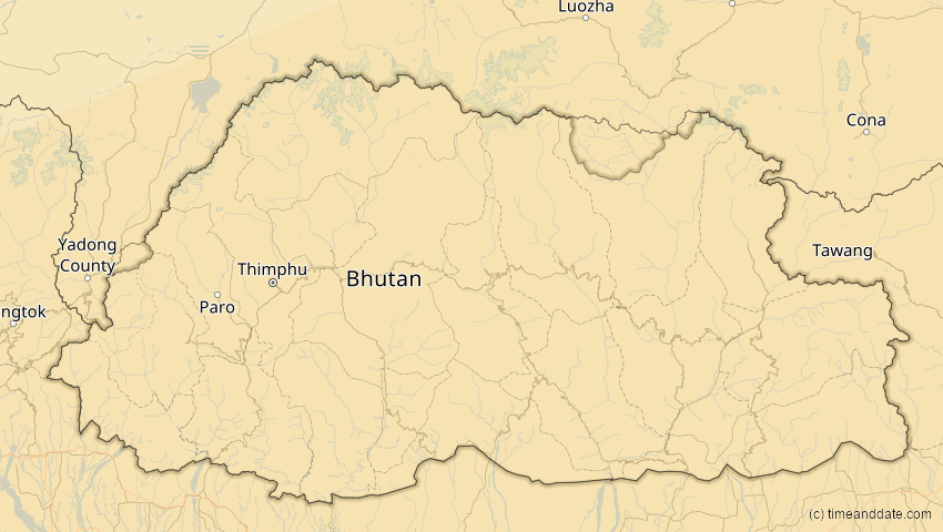A map of Bhutan, showing the path of the 11. Apr 2070 Totale Sonnenfinsternis