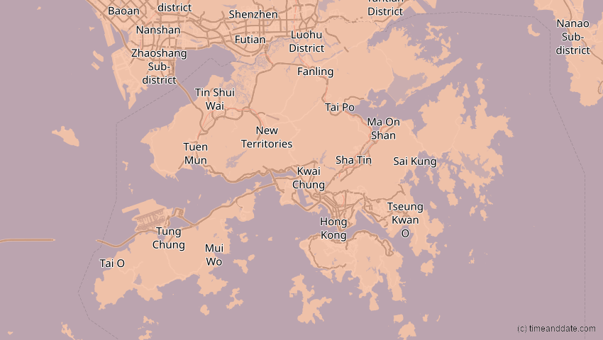 A map of Hongkong, showing the path of the 11. Apr 2070 Totale Sonnenfinsternis