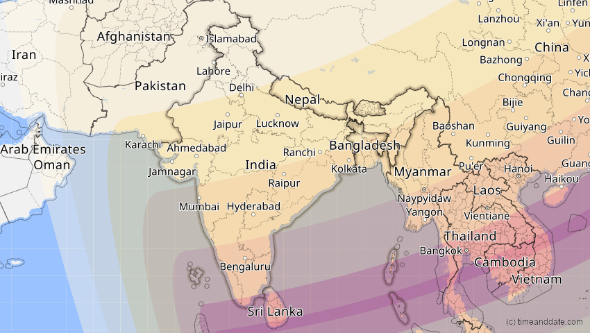 A map of Indien, showing the path of the 11. Apr 2070 Totale Sonnenfinsternis
