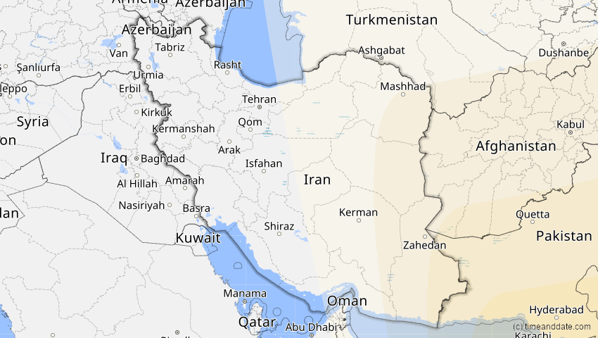 A map of Iran, showing the path of the 11. Apr 2070 Totale Sonnenfinsternis