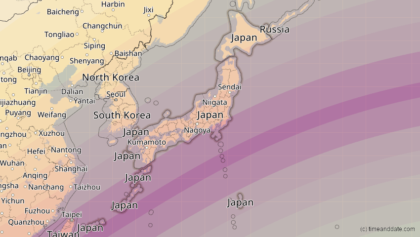 A map of Japan, showing the path of the 11. Apr 2070 Totale Sonnenfinsternis