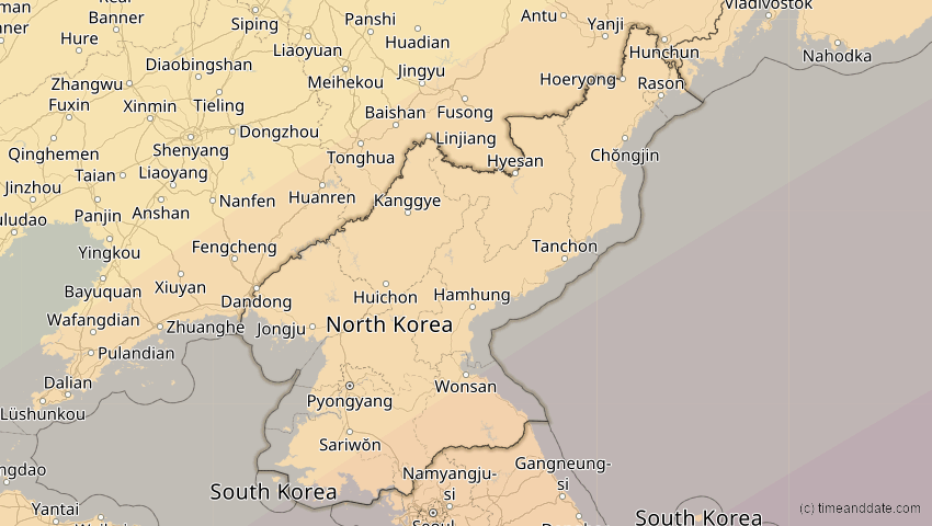 A map of Nordkorea, showing the path of the 11. Apr 2070 Totale Sonnenfinsternis