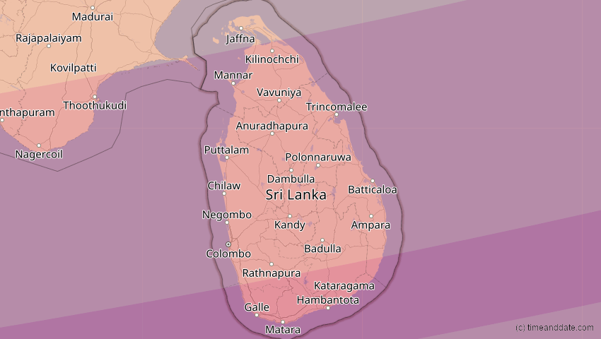 A map of Sri Lanka, showing the path of the 11. Apr 2070 Totale Sonnenfinsternis