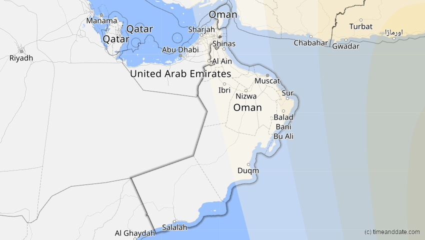 A map of Oman, showing the path of the 11. Apr 2070 Totale Sonnenfinsternis