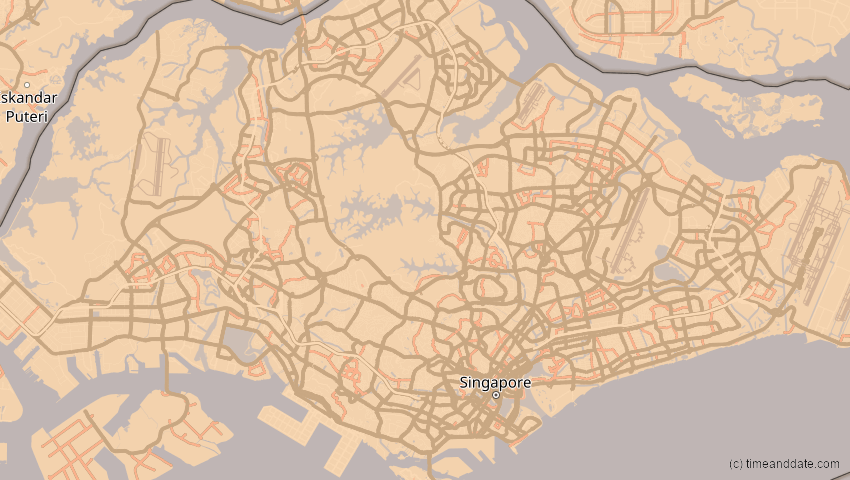 A map of Singapur, showing the path of the 11. Apr 2070 Totale Sonnenfinsternis