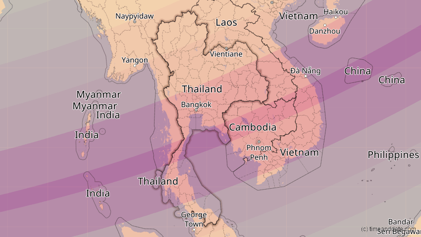 A map of Thailand, showing the path of the 11. Apr 2070 Totale Sonnenfinsternis