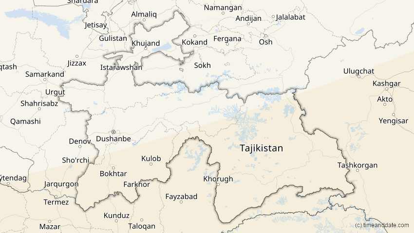 A map of Tadschikistan, showing the path of the 11. Apr 2070 Totale Sonnenfinsternis