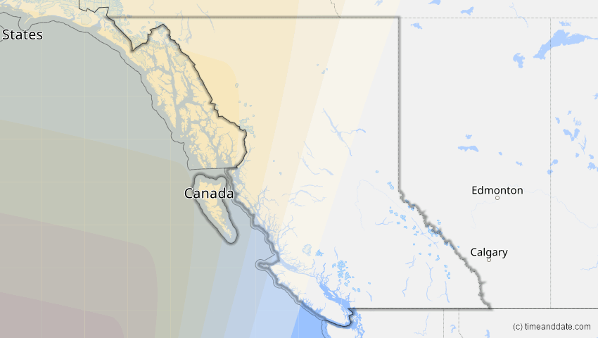 A map of British Columbia, Kanada, showing the path of the 10. Apr 2070 Totale Sonnenfinsternis