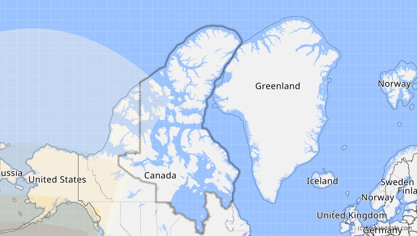 A map of Nunavut, Kanada, showing the path of the 10–11. Apr 2070 Totale Sonnenfinsternis