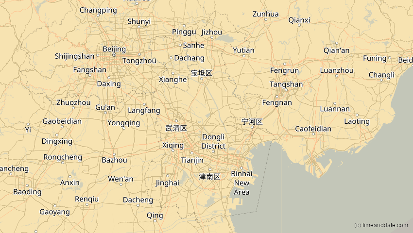 A map of Tianjín, China, showing the path of the 11. Apr 2070 Totale Sonnenfinsternis