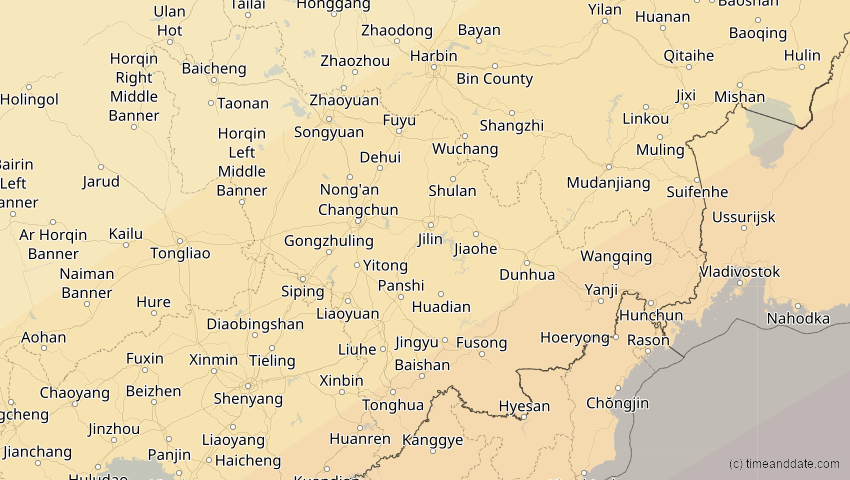 A map of Jilin, China, showing the path of the 11. Apr 2070 Totale Sonnenfinsternis