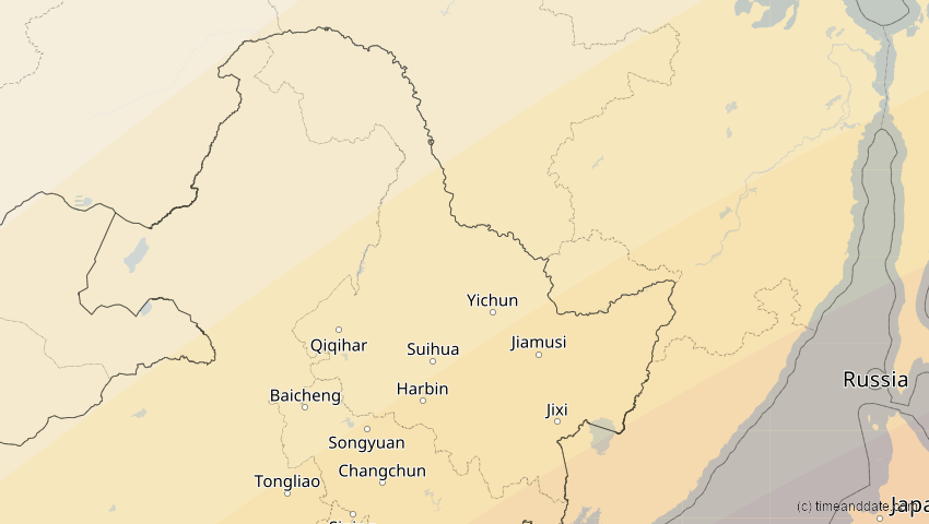 A map of Heilongjiang, China, showing the path of the 11. Apr 2070 Totale Sonnenfinsternis