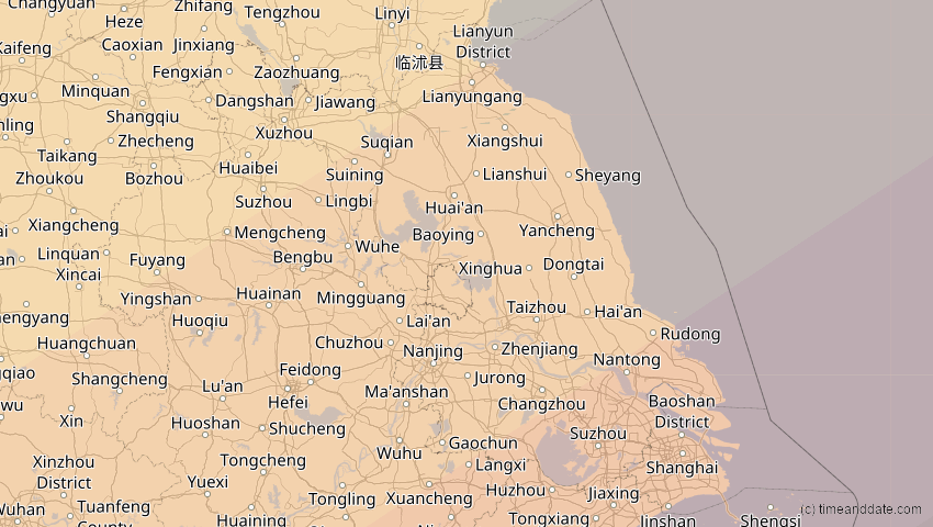 A map of Jiangsu, China, showing the path of the 11. Apr 2070 Totale Sonnenfinsternis