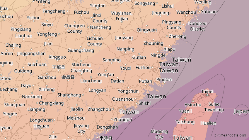 A map of Fujian, China, showing the path of the 11. Apr 2070 Totale Sonnenfinsternis