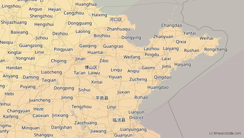 A map of Shandong, China, showing the path of the 11. Apr 2070 Totale Sonnenfinsternis
