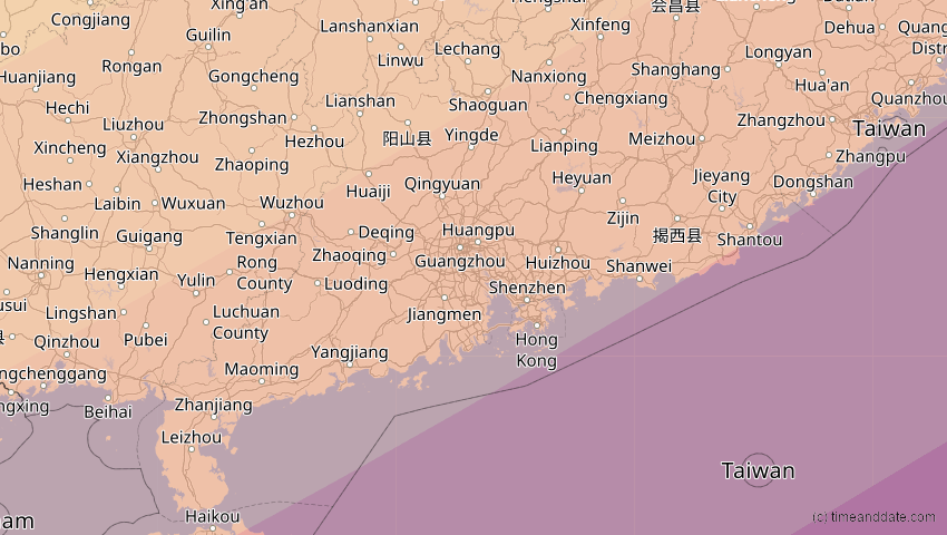A map of Guangdong, China, showing the path of the 11. Apr 2070 Totale Sonnenfinsternis
