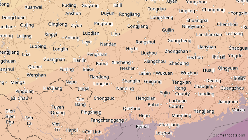 A map of Guangxi, China, showing the path of the 11. Apr 2070 Totale Sonnenfinsternis