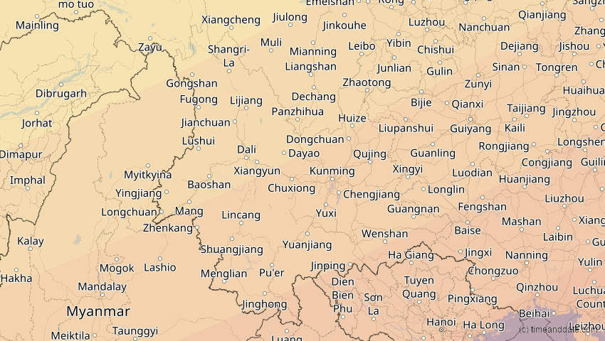 A map of Yunnan, China, showing the path of the 11. Apr 2070 Totale Sonnenfinsternis