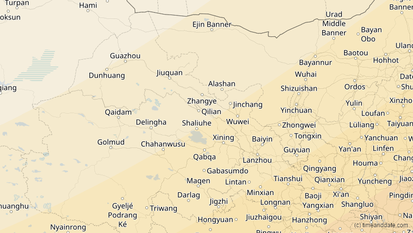 A map of Gansu, China, showing the path of the 11. Apr 2070 Totale Sonnenfinsternis