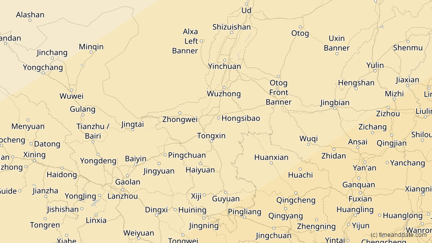 A map of Ningxia, China, showing the path of the 11. Apr 2070 Totale Sonnenfinsternis
