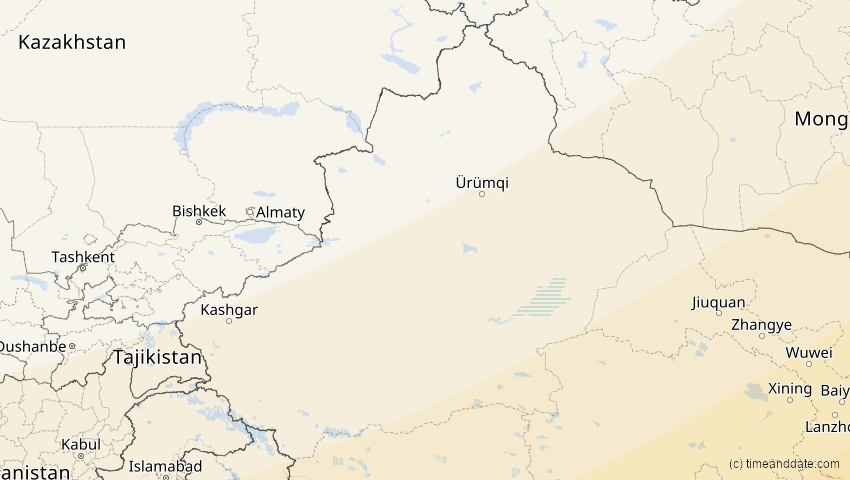 A map of Xinjiang, China, showing the path of the 11. Apr 2070 Totale Sonnenfinsternis