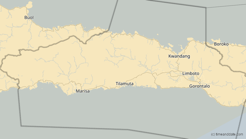 A map of Gorontalo, Indonesien, showing the path of the 11. Apr 2070 Totale Sonnenfinsternis