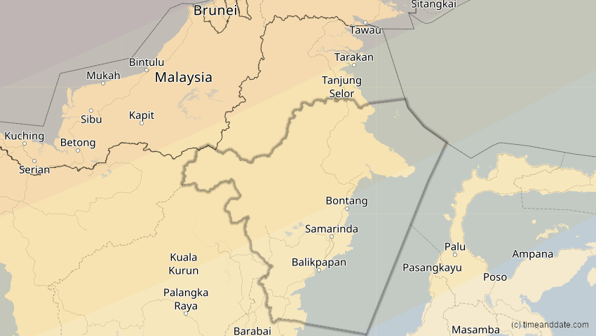 A map of Kalimantan Timur, Indonesien, showing the path of the 11. Apr 2070 Totale Sonnenfinsternis