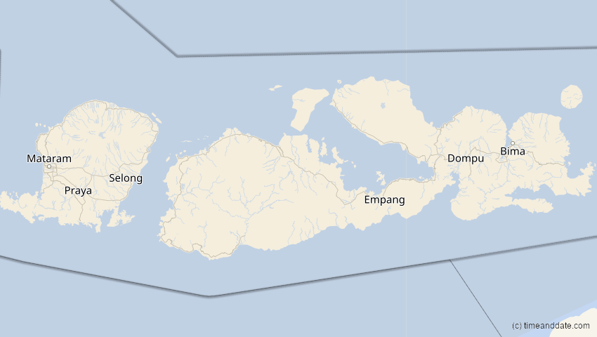 A map of Nusa Tenggara Barat, Indonesien, showing the path of the 11. Apr 2070 Totale Sonnenfinsternis