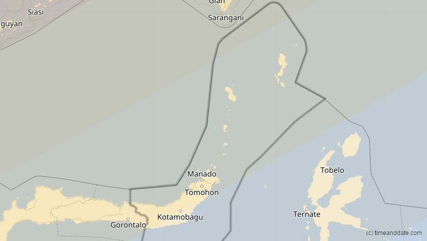 A map of Sulawesi Utara, Indonesien, showing the path of the 11. Apr 2070 Totale Sonnenfinsternis