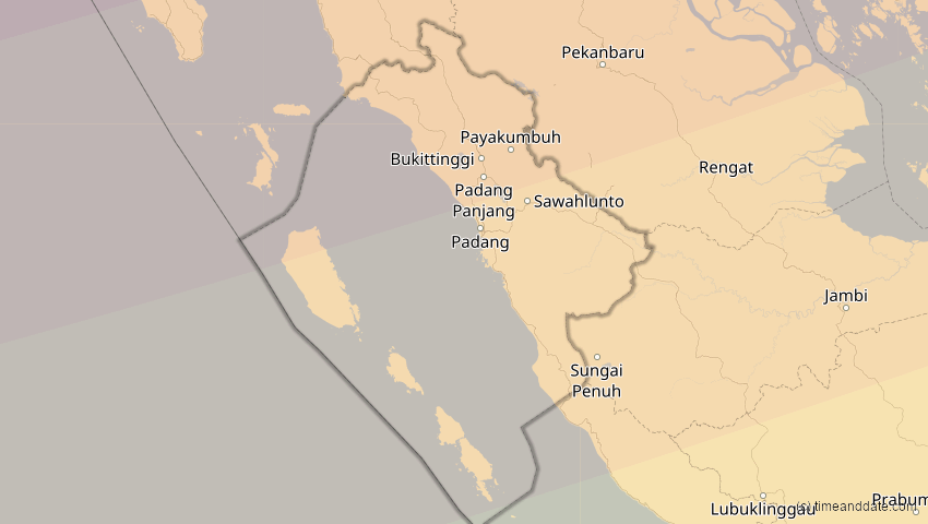 A map of Sumatera Barat, Indonesien, showing the path of the 11. Apr 2070 Totale Sonnenfinsternis
