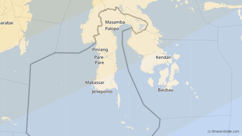 A map of Sulawesi Selatan, Indonesien, showing the path of the 11. Apr 2070 Totale Sonnenfinsternis