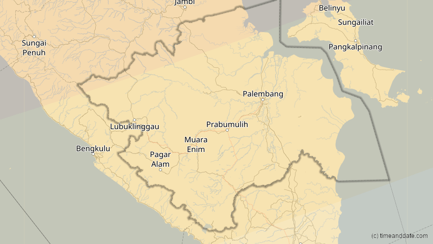 A map of Sumatera Selatan, Indonesien, showing the path of the 11. Apr 2070 Totale Sonnenfinsternis