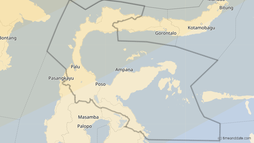 A map of Sulawesi Tengah, Indonesien, showing the path of the 11. Apr 2070 Totale Sonnenfinsternis