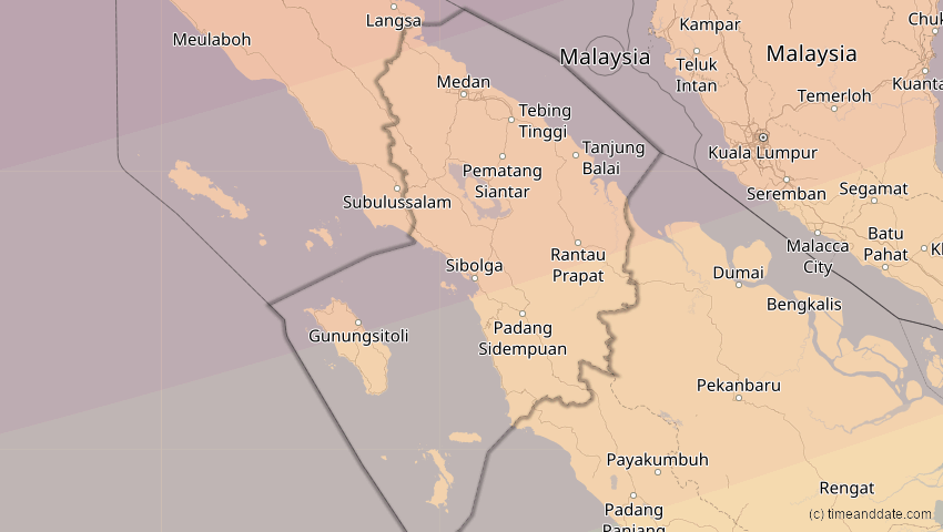 A map of Sumatera Utara, Indonesien, showing the path of the 11. Apr 2070 Totale Sonnenfinsternis