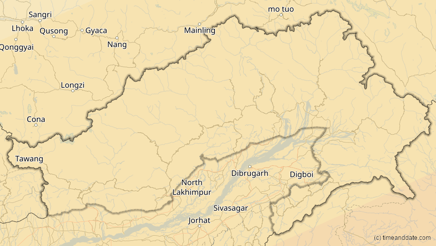 A map of Arunachal Pradesh, Indien, showing the path of the 11. Apr 2070 Totale Sonnenfinsternis