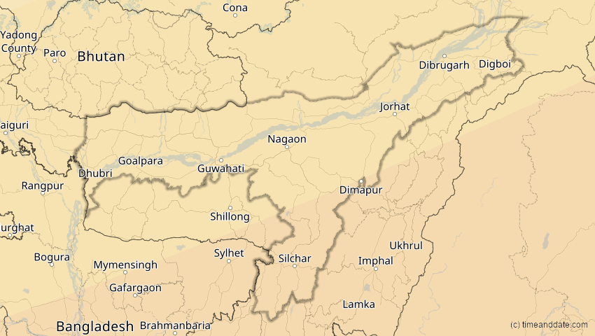 A map of Assam, Indien, showing the path of the 11. Apr 2070 Totale Sonnenfinsternis
