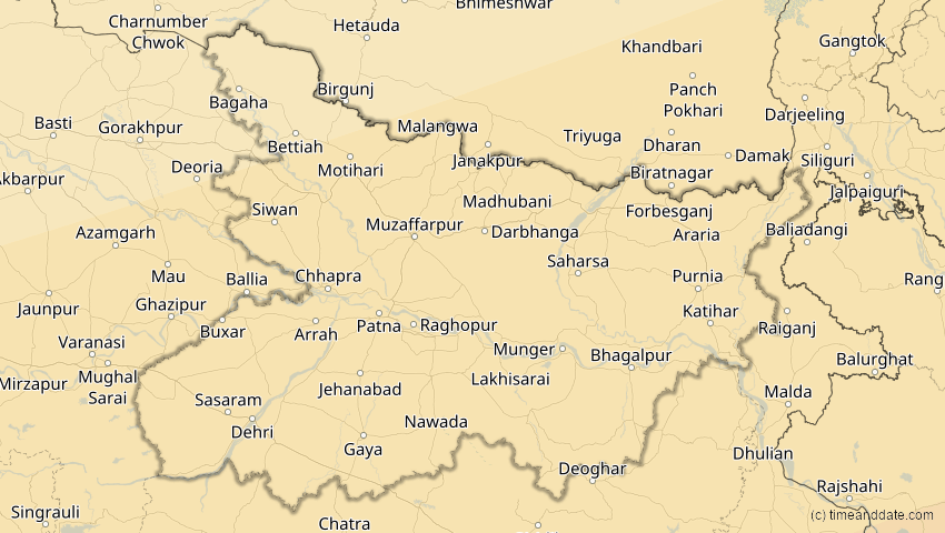 A map of Bihar, Indien, showing the path of the 11. Apr 2070 Totale Sonnenfinsternis