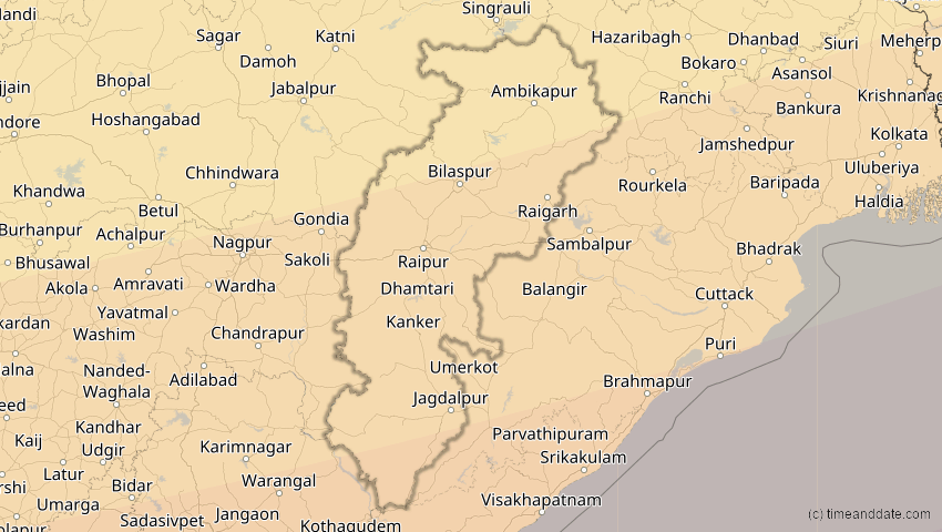 A map of Chhattisgarh, Indien, showing the path of the 11. Apr 2070 Totale Sonnenfinsternis