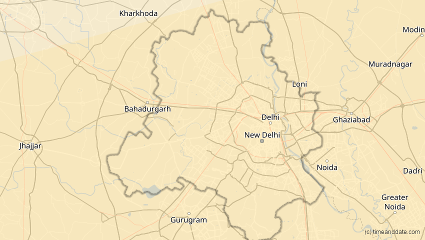 A map of Delhi, Indien, showing the path of the 11. Apr 2070 Totale Sonnenfinsternis