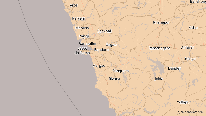A map of Goa, Indien, showing the path of the 11. Apr 2070 Totale Sonnenfinsternis