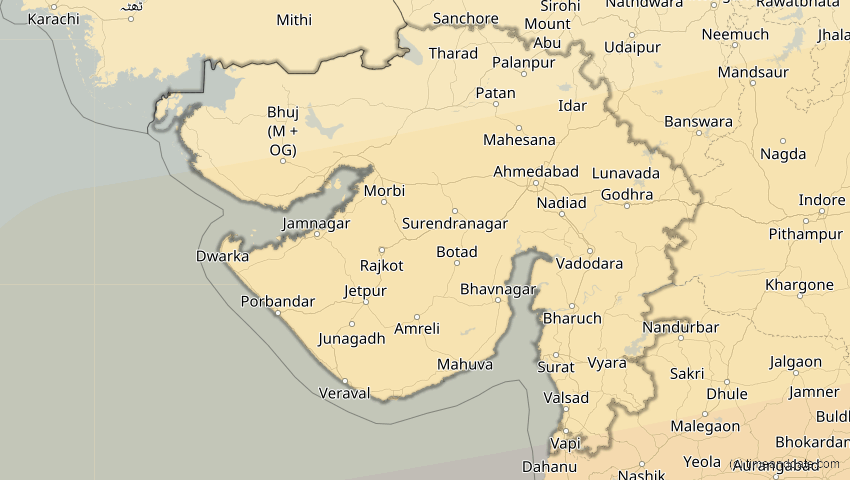 A map of Gujarat, Indien, showing the path of the 11. Apr 2070 Totale Sonnenfinsternis