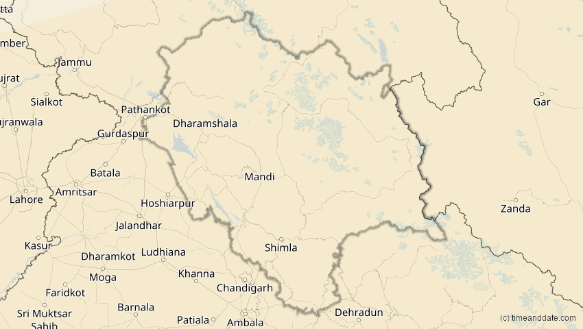 A map of Himachal Pradesh, Indien, showing the path of the 11. Apr 2070 Totale Sonnenfinsternis
